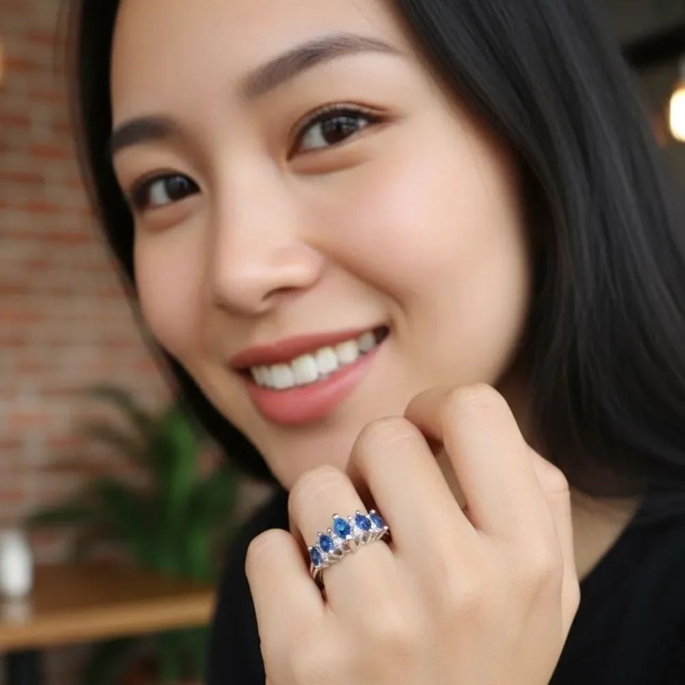 WOMEN’S BLUE MARQUISE GEMSTONE RING – SILVER BAND WITH CLEAR ACCENTS, SIZE 7.5